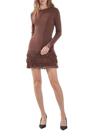 endless rose Loop Fringe Long Sleeve Minidress in Chocolate Brown at Nordstrom, Size Small