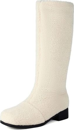 Generic Womens Flat Heel Mid-Calf Boots Round Toe Winter Long Boots Pull on Casual Tall Boot,Beige,3.5 UK