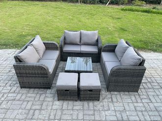Fimous 8 Seater Outdoor Garden Furniture Sets Wicker Rattan Furniture Sofa Sets with Square Coffee Table Love seat Sofa 2 Small Footstools