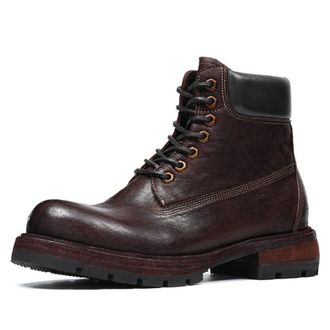 Generic Mens Lace Up Motorcycle Boots Round Toe Leather Short Boots Block Heel Platform Ankle Boot,Brown2,7.5 UK