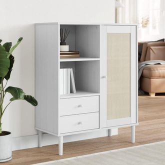 Berkfield Home Highboard SENJA Rattan Look White 90x40x112 cm Solid Wood Pine | Size: 90 x 40 x 112 cm