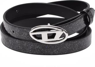 Diesel Black Leather Belt With Glitter Accents And Silver Buckle