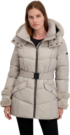 Shelli Segal Womens Stretch Quilted Puffer Coat w/Faux Fur Trim, Belt w/Buckle, Black