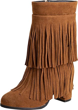 Generic European and Style Thick High Heel Womens Mid Calf Boots with Tassel and Convenient Side Zipper Design for a Fashionable (Brown, 5.5)