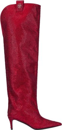 Philipp Plein Overknee laarzen met lage hak - Dames - Laarzen met Hak - Rood - 36 EU - Leer - Schoenen