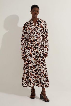 Karen Millen Womens Premium Viscose Linen Woven Shirt Dress With Gold Buckle Belt - Animal - Size 10 UK