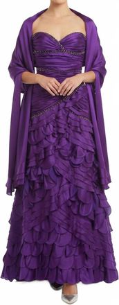 YSA MAKINO Strapless Ruffled Beaded Shawl Maxi Dress In Purple