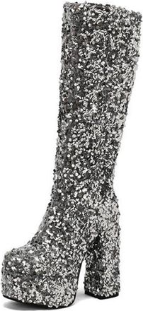 Generic Womens Sparkly Sequins Chunky Platform Knee High Boots Pull On Wide Calf Fashion Catwalk Party Dress Shoes (5.5,Silver)
