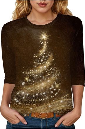 Generic Christmas T Shirts for Women UK Xmas Tops Christmas 3/4 Sleeve Crew Neck T Shirts Merry Tree Tee Shirt SantaSnowflake Print Blouse Funny Tshirt Ladies