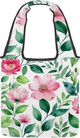 Generic Flowers and Green Leaves Reversible Canvas Shoulder Tote - Double-Sided Print, 12oz Cotton, 27cm Drop, Fold-Flat Bag for Travel, Shopping, Street Outi