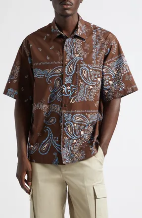 Moncler Bandana Print Short Sleeve Cotton Button-Up Shirt in Parsley Brown/blue at Nordstrom, Size Xx-Large