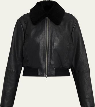 Vince Shrunken Leather Jacket with Detachable Shearling Collar