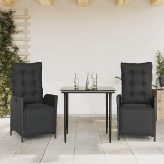 vidaXL Set Comedor De Jard&iacute;n 3 Pzas Con Cojines Rat&aacute;n Sint&eacute;tico Negro Vidaxl
