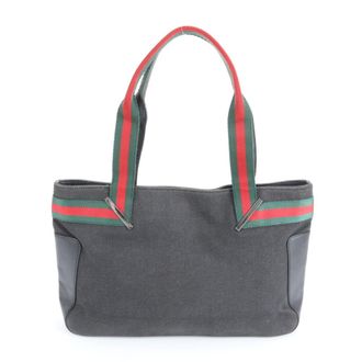 Gucci Sherry Line Black Leather Canvas Tote Bag (Pre-Owned)