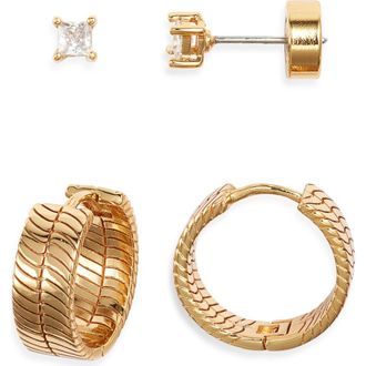 Nordstrom Demifine Herringbone Hoop & Cubic Zirconia Stud Set in 14K Gold Plated at Nordstrom