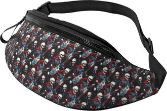 Generic Skull Guitar Rock Style Print Belt Bag Waist Pack Lightweight Crossbody For Running Walking Camping 14X35Cm
