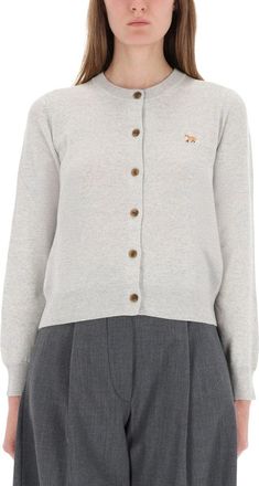 Maison Kitsun&eacute; Soft Light Grey Knit Cardigan With Embroidered Fox Detail