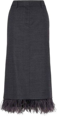 Brunello Cucinelli Womens Anthracite Wool Skirt With Feather Trim, Size 36