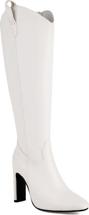 Generic Womens Square Pointy Toe Knee High Boots PU Leather Long Boot with Side Zipper Block High Heel Party Prom Shoes,White,3.5 UK