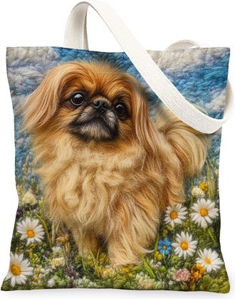 Generic Spring Pekingese Dog Canvas Tote Bag for Shopping 13x15, Knitting Style Garden Puppy Reusable Grocery Print Pattern Bag for Women, Fun Pet Beach Aesth