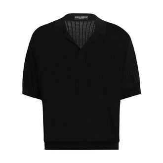 Dolce & Gabbana Polo Shirts, male, Black, Size: XS Short-sleeved cotton openwork polo shirt