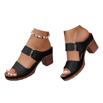Generic Chunky Sandals Womens Heeled Sandals Open Toe Slip on Block Womens Chunky Mid Heels Ankle Square Heels Sandal Slippers Casual Comfortable Summer Backl