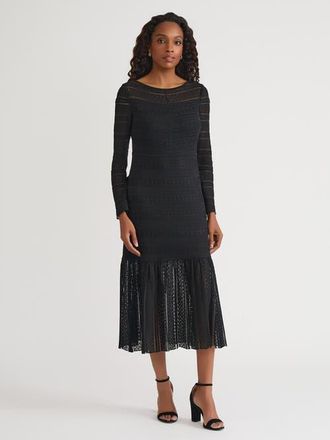Misook Fit & Flare Lined Sheer Lace Soft Knit Maxi Dress in Black at Nordstrom, Size X-Large