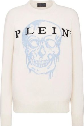 Philipp Plein Pullover Round Neck LS Intarsia Skull - Dames - Ronde hals truien - Beige - S - Wol - Truien & Vesten