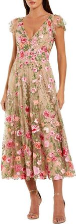 Mac Duggal Embroidered Cap Sleeve V Neck Ankle Dress in Nude Multi at Nordstrom, Size 4