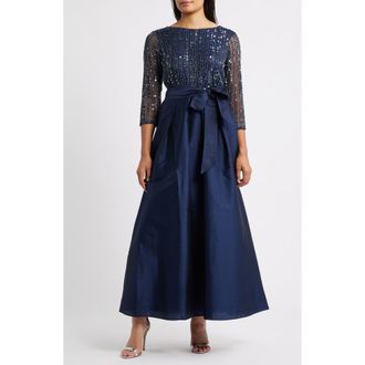 Pisarro Nights Bow Long Sleeve Sequin & Taffeta Gown in Navy at Nordstrom Rack, Size 12