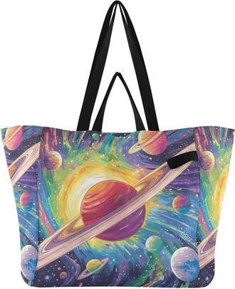 Generic Yellow Planet pattern Reusable Canvas Tote Bag, Heavy Duty Grocery Shopping Bag with Double Handles Large Capacity Hard Bottom Work Groceries Travel