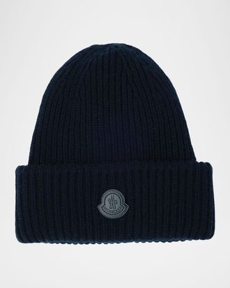Moncler Men & apos;s Cashmere Rib Leather-Logo Beanie Hat