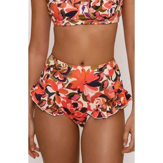 Hutch Ruffle High Waist Bikini Bottoms in Coral Painted Lush Tropical at Nordstrom Rack, Size Xx-Small