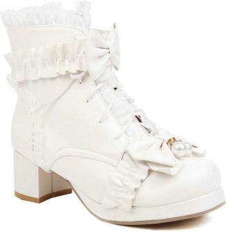 Generic Womens Lolita Ankle Boots with Lace-Up Design & Bow Detail - Chunky Heel for Cute Fashion and Comfortable,White,1.5 UK
