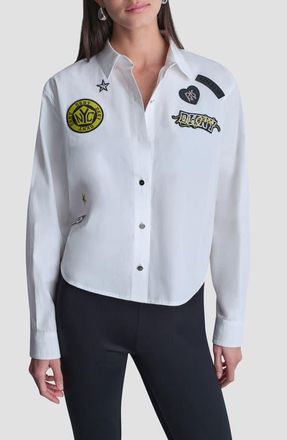 DKNY Patch Detail Cotton Button-Up Shirt in White at Nordstrom, Size X-Small