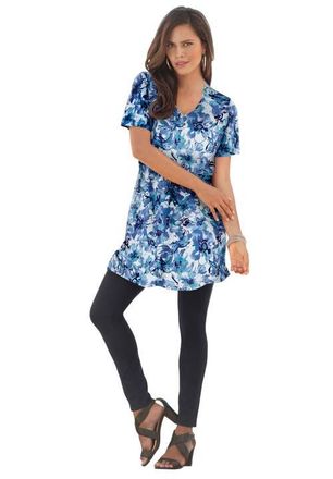 Roaman's Plus Size Ultimate Cotton V-Neck Short Sleeve Tunic in Blue Dreamy Floral at Nordstrom, Size Medium