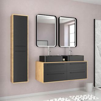 Aurlane Paquete De Ba&ntilde;o Caja De Ba&ntilde;o Acabado De Roble Natural + 2 Cuencas Negras Mate + 2 Espejos Led + Columna - Uby 120cm