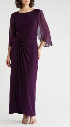 Connected Cape Sleeve Faux Wrap Gown in Aubergine at Nordstrom Rack, Size 16