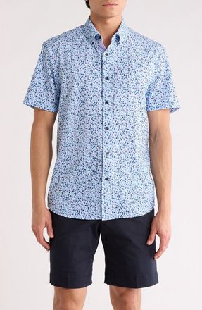 ConStruct Slim Fit Abstract Leaf Print Short Sleeve Button-Down Shirt in Blue/Purple at Nordstrom Rack, Size Xx-Large