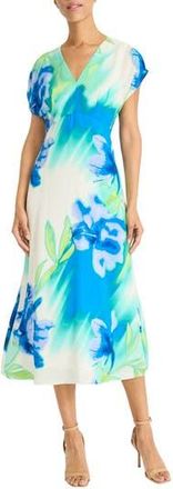 Maggy London Print V-Print Midi Dress in Ivory/Blue at Nordstrom Rack, Size 10
