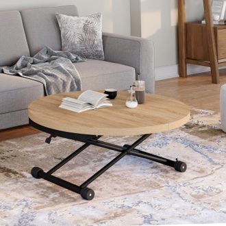 IDMarket Altura Mesa De Centro De Dise&ntilde;o Industrial De Madera Y Negro De 100-150 Cm, Extensible Y Convertible En Mesa De Comedor Redonda