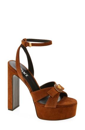 Versace Gianni Ribbon Suede Platform Sandal in Spice Brown-Versace Gold at Nordstrom, Size 10.5Us