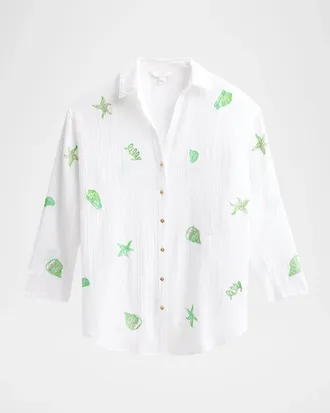 Lilly Pulitzer Kwitney Shore Embroidery Cotton Cover-Up Shirt