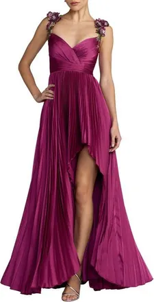 Mac Duggal Petite Pleated High Low Gown With 3D Floral Straps in Magenta at Nordstrom, Size 10