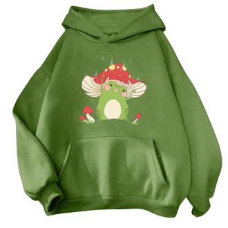 Generic DSFVUS Graphic Crewneck Sweatshirt Womens Cute Frog Sweatshirt Kawaii Mushroom Hoodie Halloween Sweatshirts for Women, Z03 Green, S