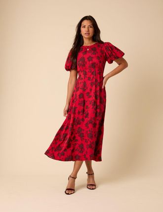 Nobody's Child Red Puff Sleeve Quinn Midi Dress