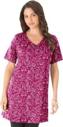 Roaman's Plus Size Ultimate Cotton V-Neck Short Sleeve Tunic in Very Berry Batik at Nordstrom, Size Large