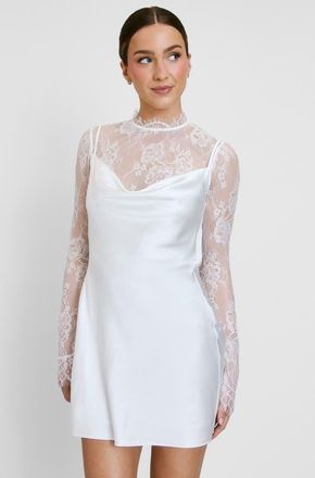 Six Stories Lace Sleeve Cowl Satin Mini Dress in White at Nordstrom, Size 14