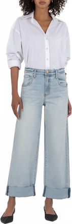 Kut from the Kloth Womens Gwen High Rise Wide Leg Roll Up Jean In Meaning W/lt Base Wash