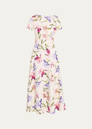 Oscar De La Renta Painted Iris Cotton Poplin Short-Sleeve Midi Day Dress